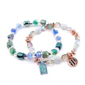Bomb Party Bracelet Set Stretch Glass Beads Present Charm Blue Green Rose Gold